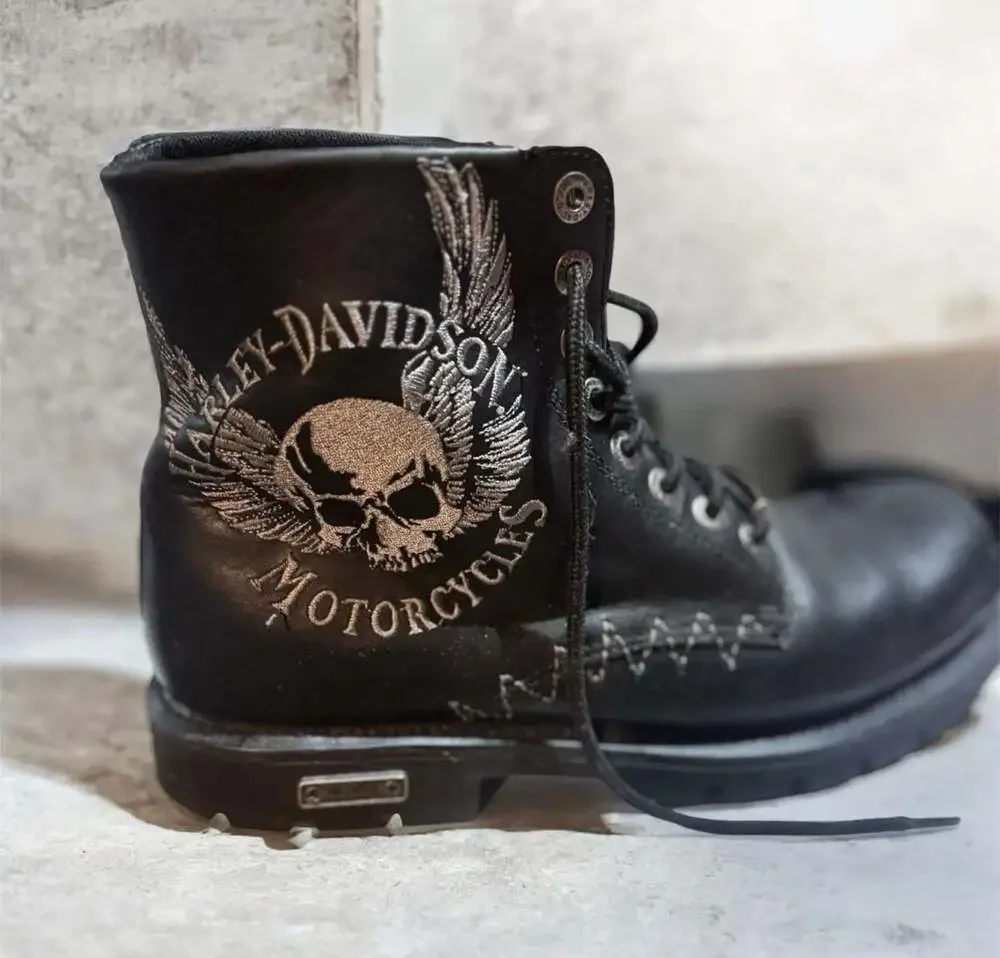 Harley-Davidson Mens Black Leather Motorcycle Riding boots Skull Wings Size 10.5